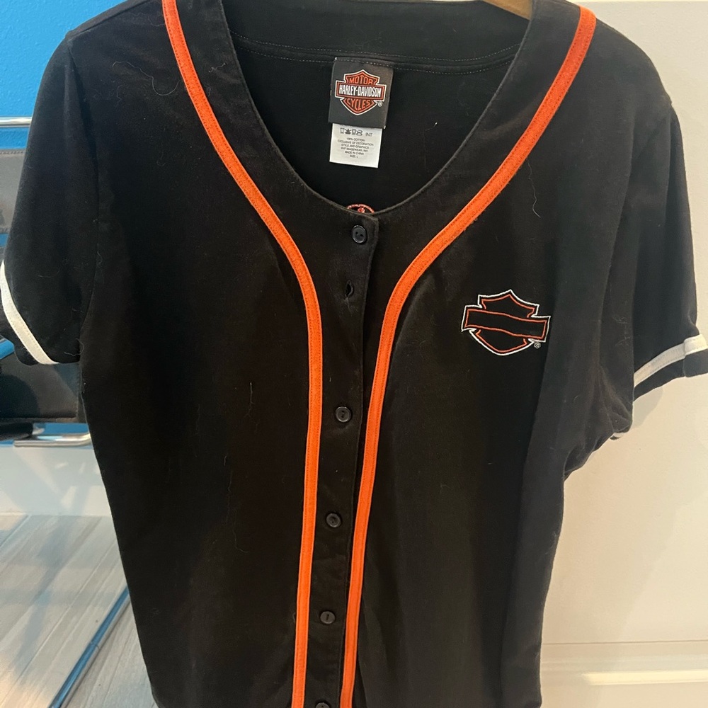 Harley-Davidson Women’s Black and Orange Button-Up Shirt